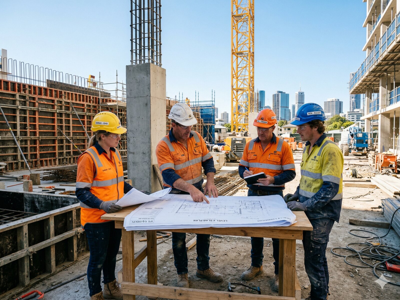 FORM3D Structures team reviewing plans on a commercial construction site