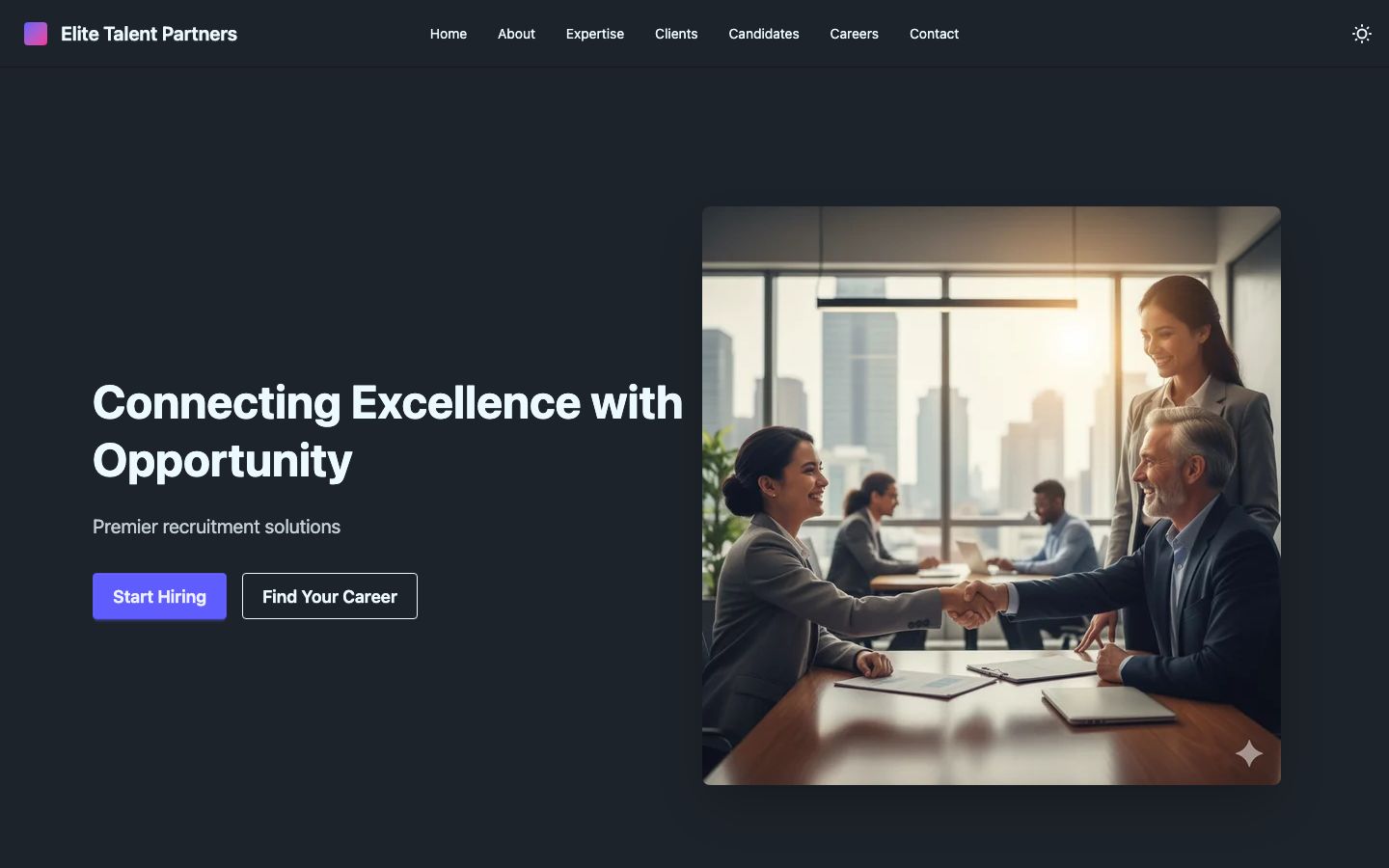 Elite Talent Partners website showing recruitment services and specialisations