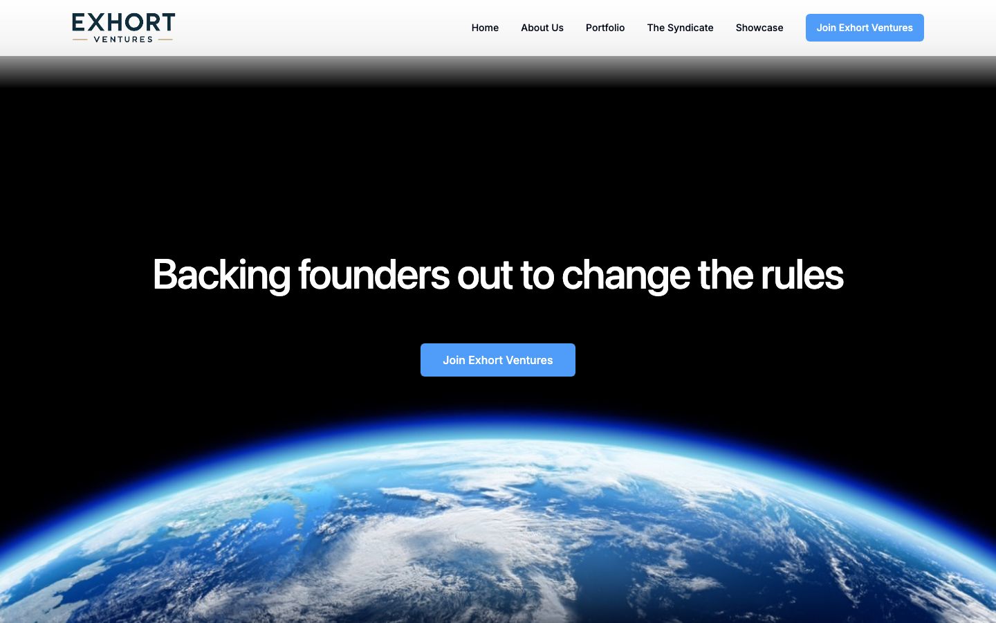 Exhort Ventures website showing investment portfolio and thesis