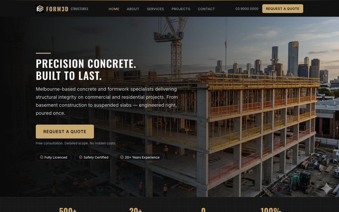 FORM3D Structures website showing construction project portfolio