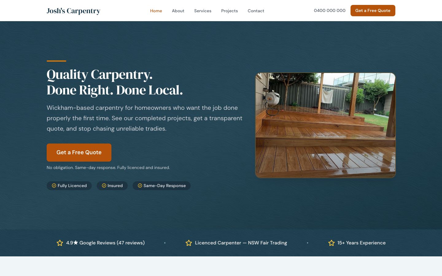 Josh's Carpentry website displayed on desktop and mobile