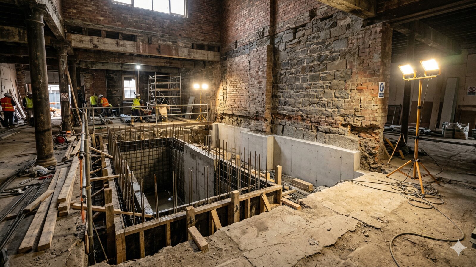 Commercial office foundation construction with lift pit and underpinning