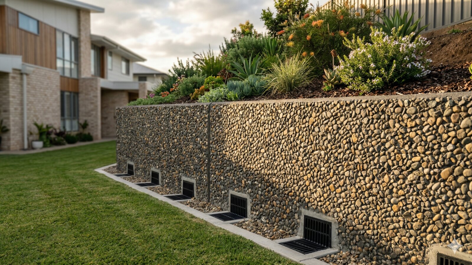 Reinforced concrete retaining wall with exposed aggregate finish