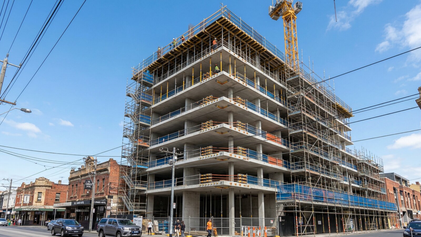 Post-tensioned suspended slab formwork on a multi-storey residential building