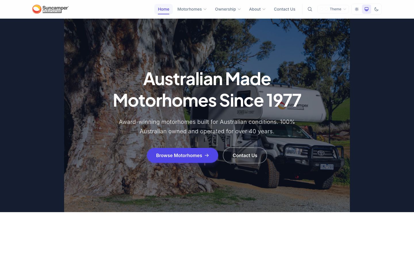 Suncamper Motorhomes website showing motorhome models and specifications