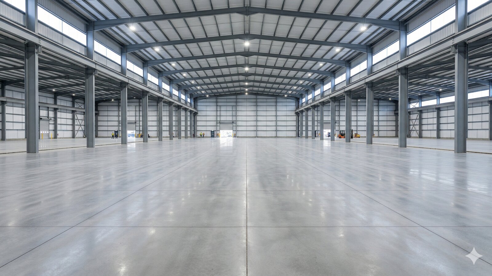 Large industrial warehouse floor slab with laser-levelled concrete finish