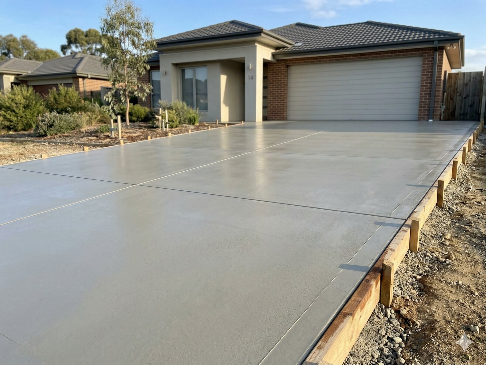 Freshly poured and finished concrete driveway at a residential property