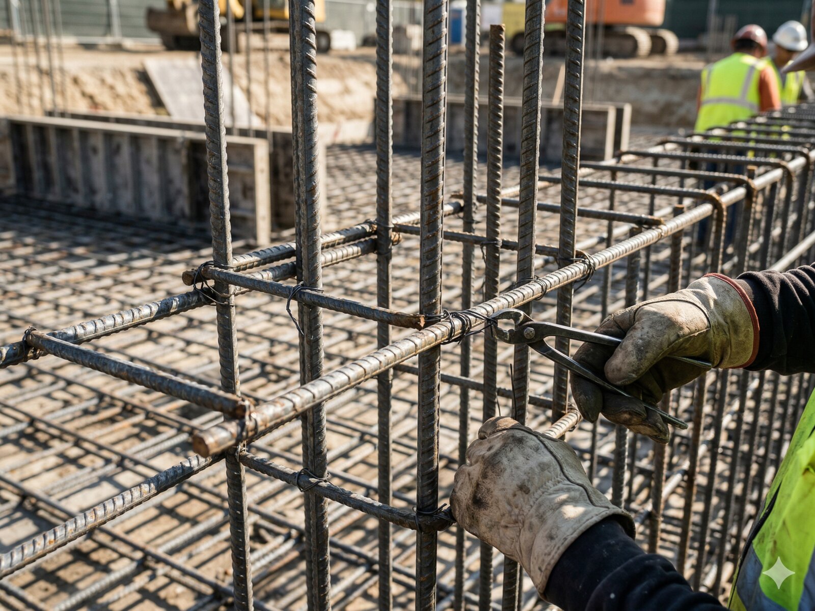 Steel reinforcement cage being assembled for a concrete foundation