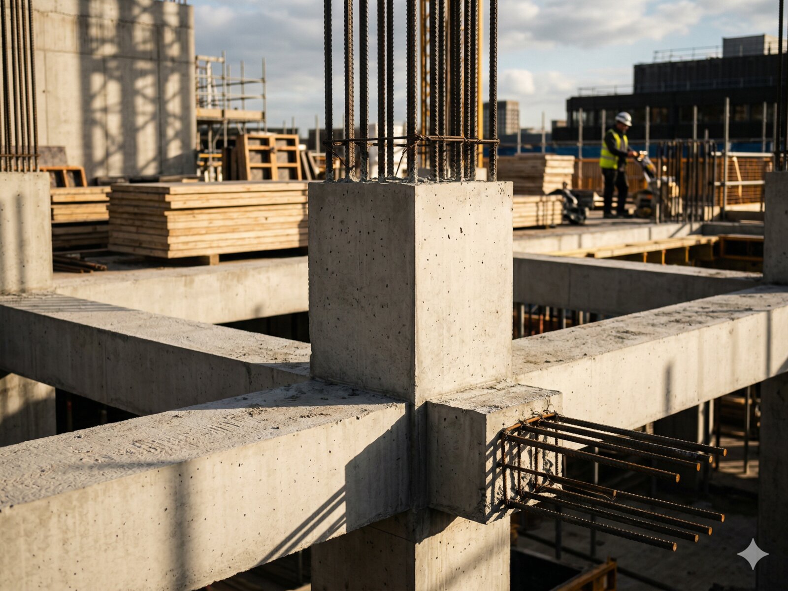 Structural concrete column and beam framework on a commercial construction site